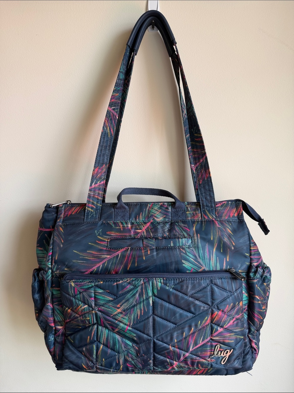 Lug Soprano Large Tote Bag Dark Gray Tropical Palms RFID